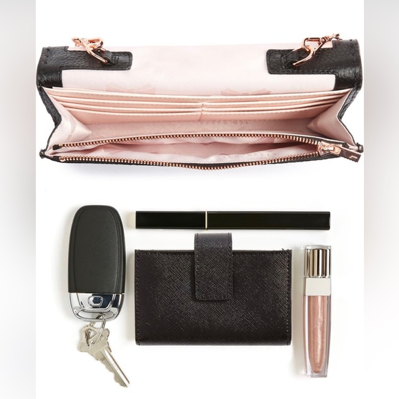 NWT Ted Baker Janet Black Pebble Leather Matinée Wallet On Rose Gold Metal Chain - Picture 7 of 12